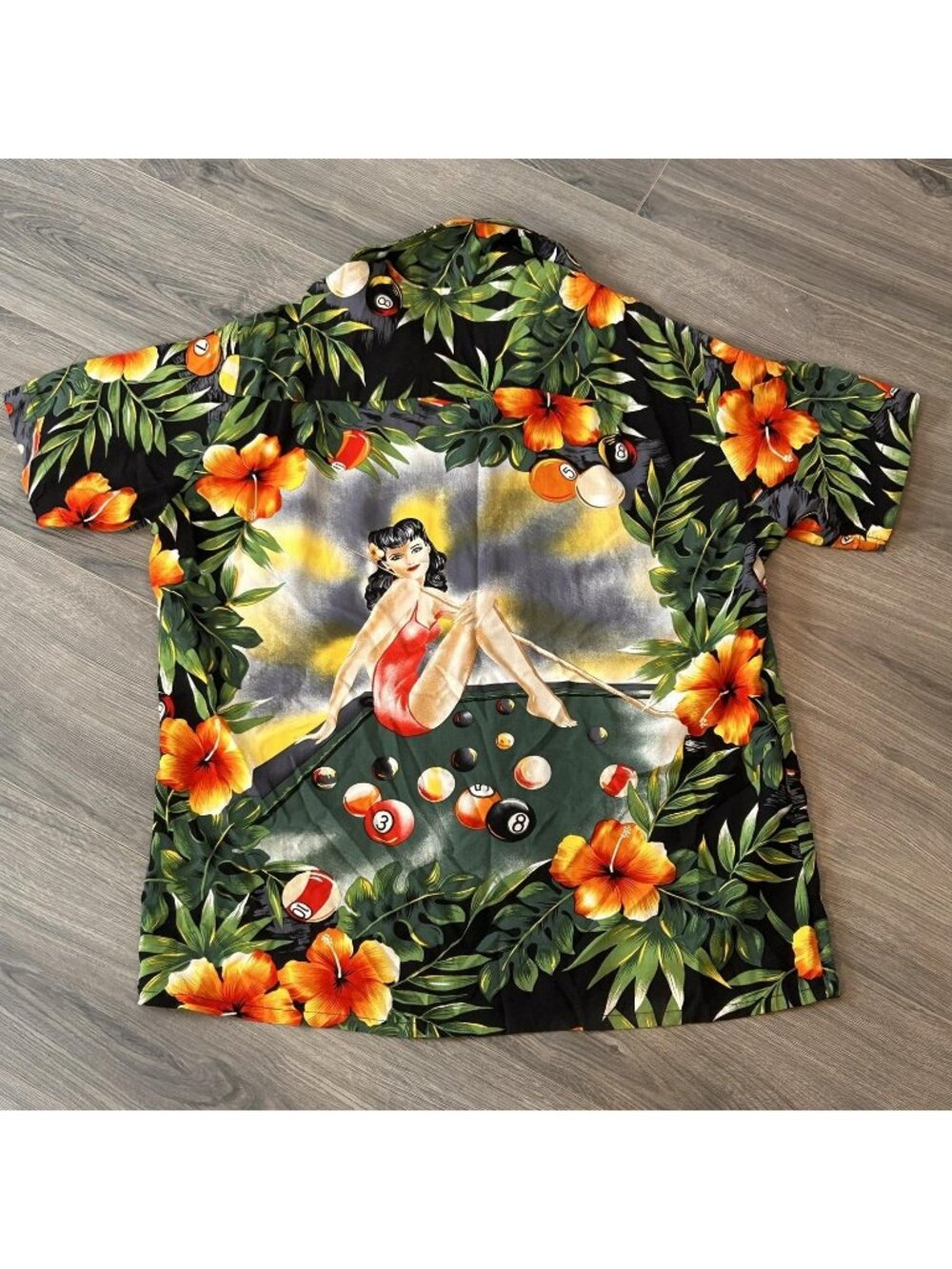 Kennington Shirt Mens L Black Hawaiian Pool Billiards Pin Up Rayon Button Up